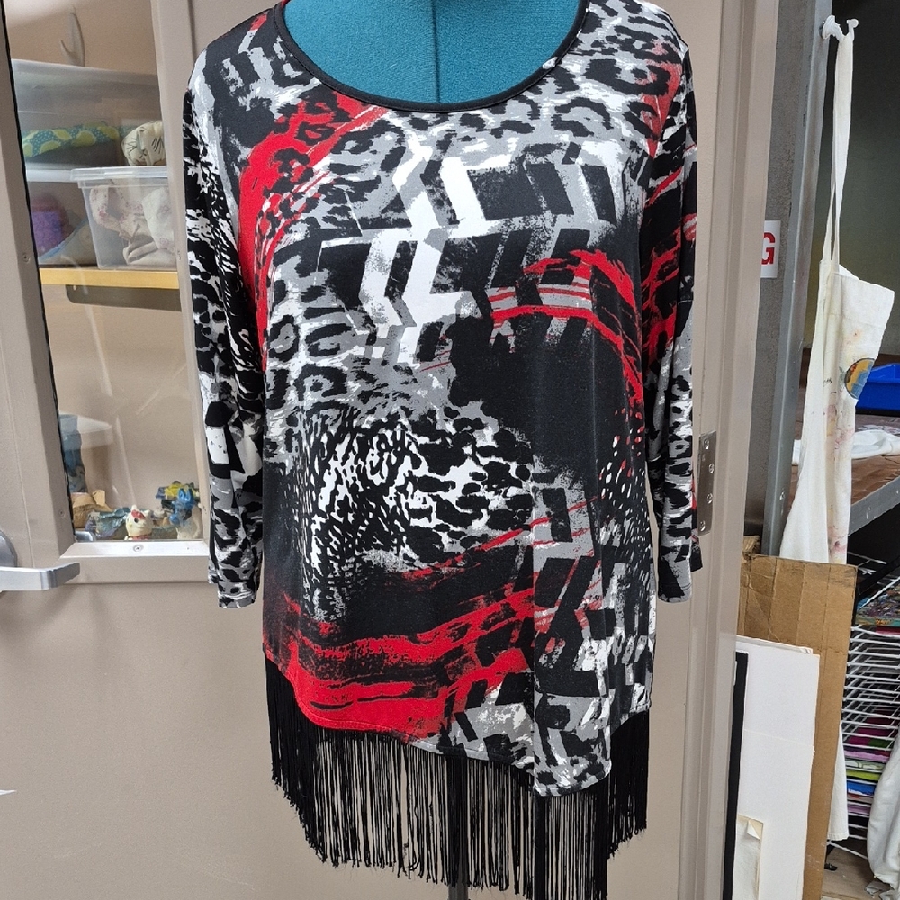 New Directions Women's Top - Black, Red, White Fringe Blouse